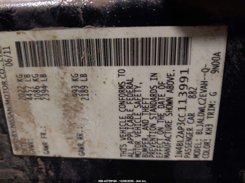 2012 Nissan Altima 3.5 Sr VIN: 1N4BL2AP3CC113991 Lot: 43789160