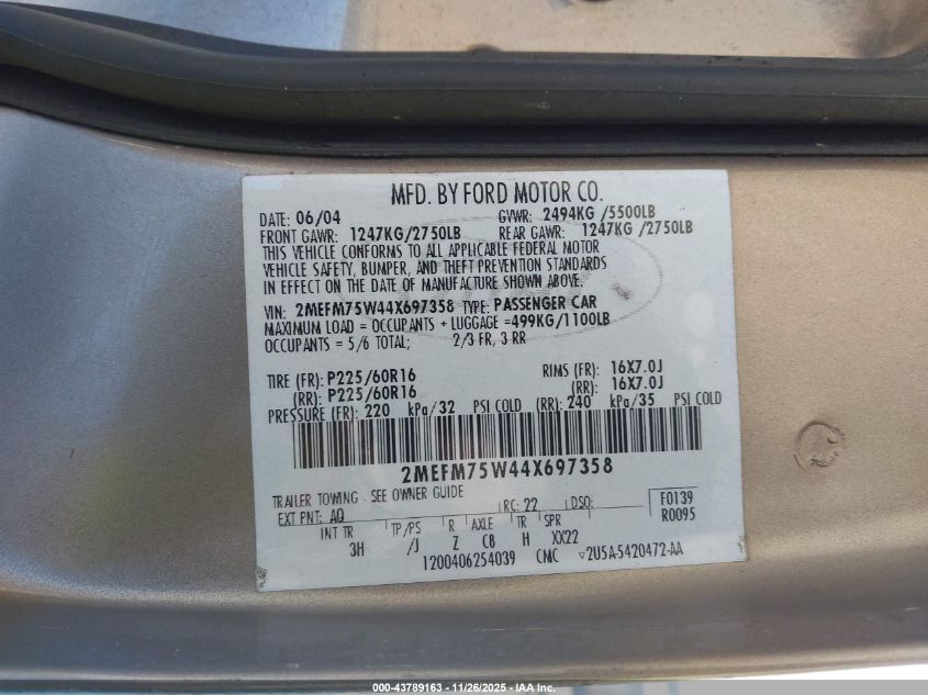 2004 Mercury Grand Marquis Ls VIN: 2MEFM75W44X697358 Lot: 43789163