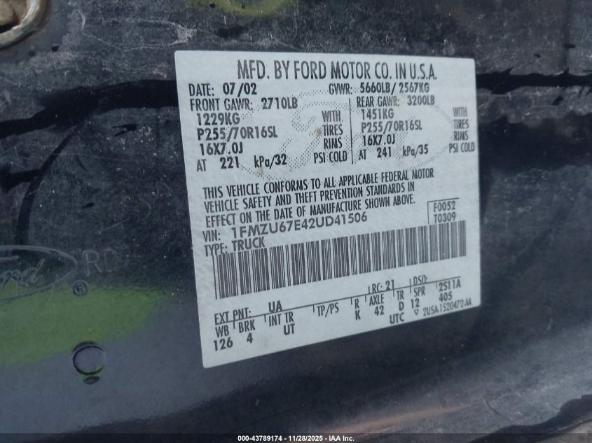 2002 Ford Explorer Sport Trac VIN: 1FMZU67E42UD41506 Lot: 43789174