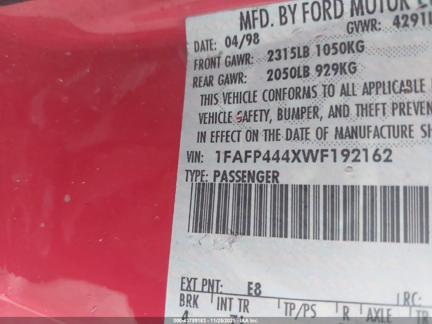 1998 Ford Mustang VIN: 1FAFP444XWF192162 Lot: 43789183