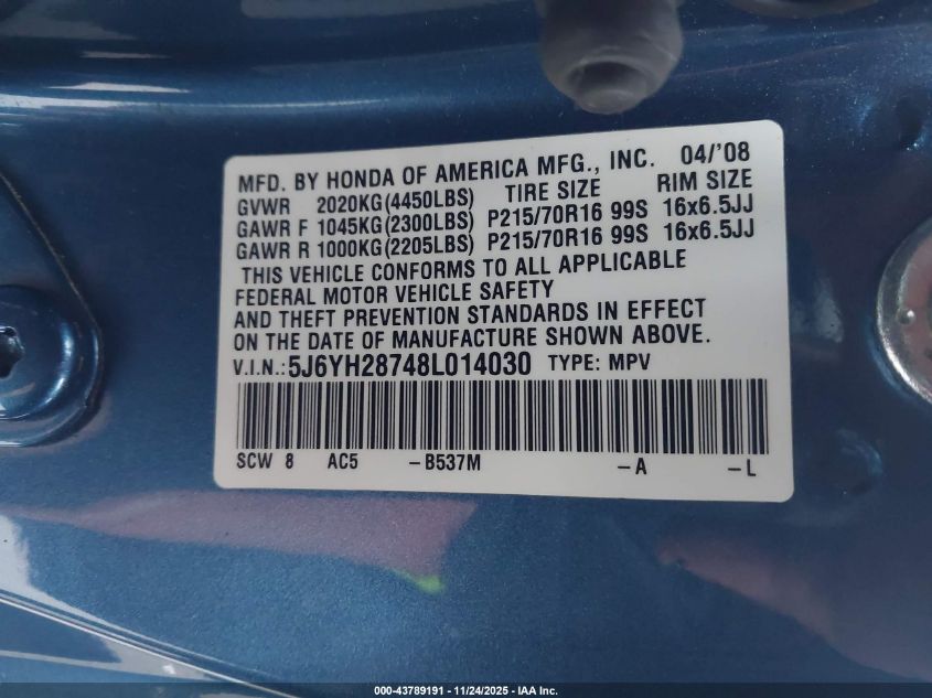 2008 Honda Element Ex VIN: 5J6YH28748L014030 Lot: 43789191