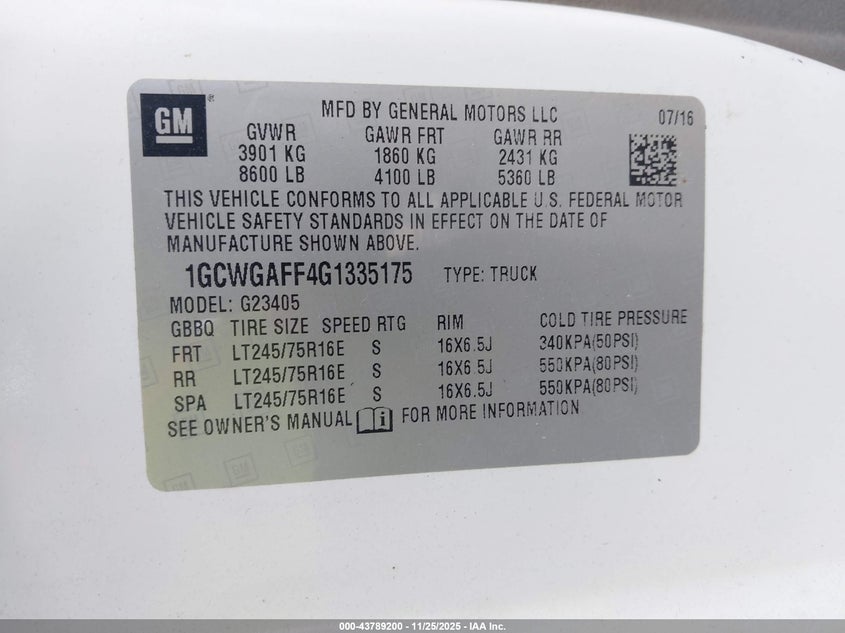 2016 Chevrolet Express 2500 Work Van VIN: 1GCWGAFF4G1335175 Lot: 43789200