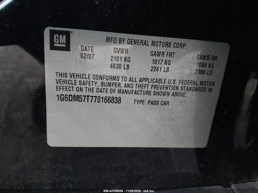 2007 Cadillac Cts Standard VIN: 1G6DM57T770166838 Lot: 43789208