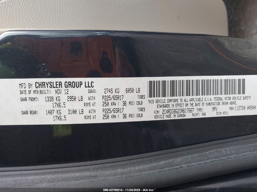 2013 Dodge Grand Caravan Se VIN: 2C4RDGBG2DR617667 Lot: 43789214