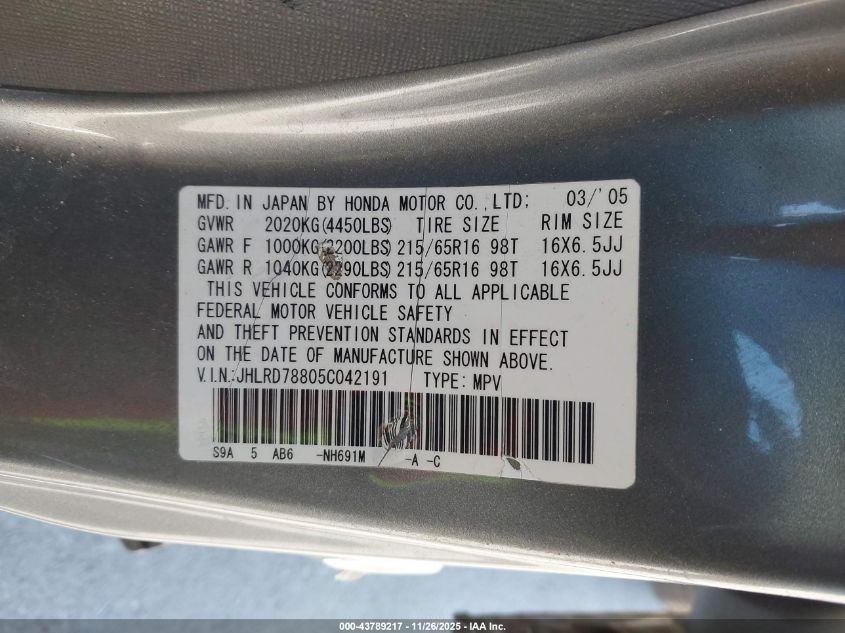 2005 Honda Cr-V Ex VIN: JHLRD78805C042191 Lot: 43789217