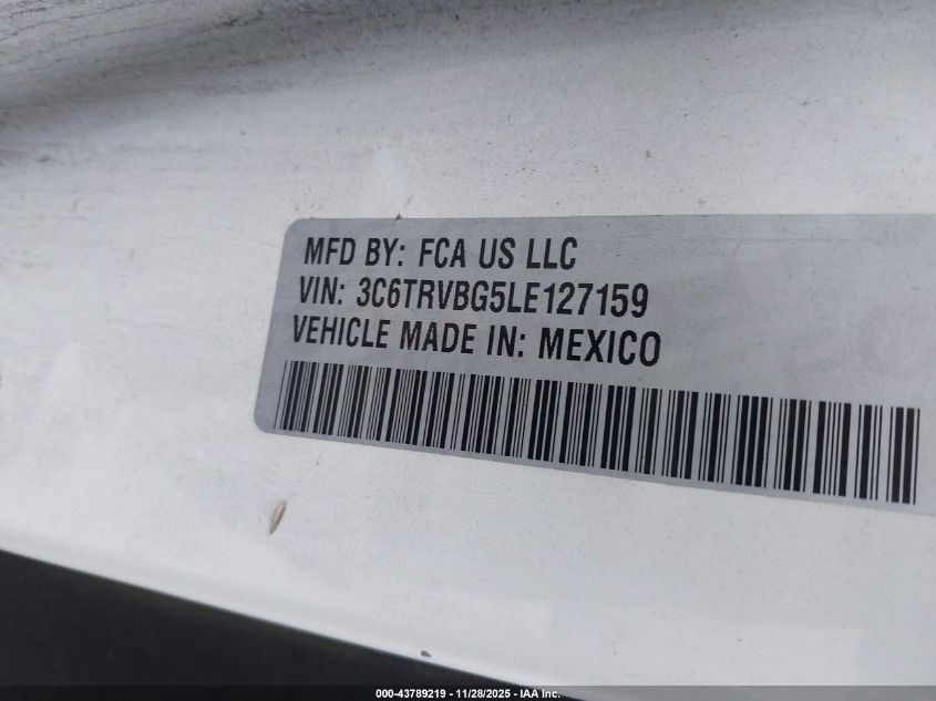 2020 Ram Promaster 1500 High Roof 136 Wb VIN: 3C6TRVBG5LE127159 Lot: 43789219