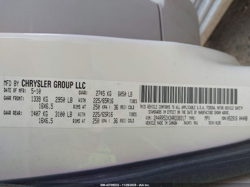 2010 Chrysler Town & Country Touring VIN: 2A4RR5DX3AR338317 Lot: 43789232