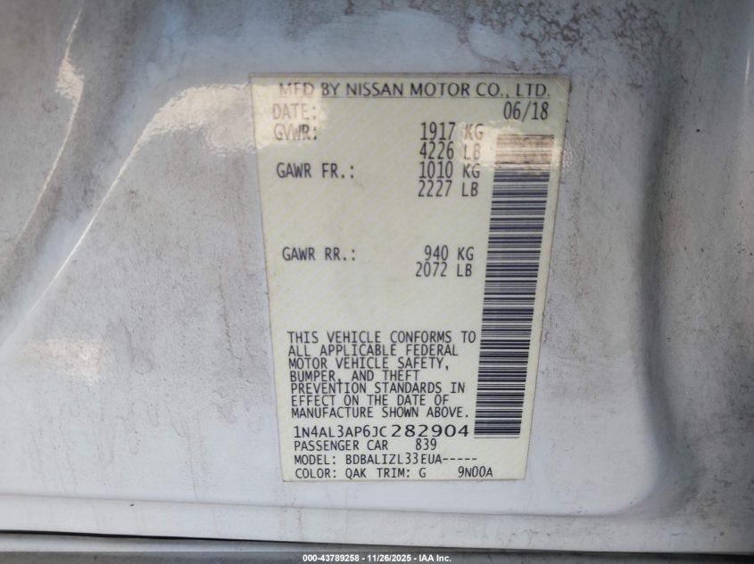 2018 Nissan Altima 2.5 Sv VIN: 1N4AL3AP6JC282904 Lot: 43789258