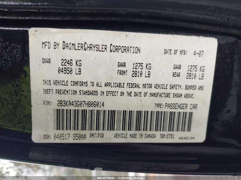 2007 Dodge Charger VIN: 2B3KA43G07H806014 Lot: 43789261