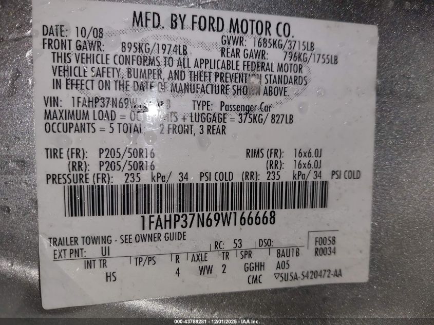 2009 Ford Focus Sel VIN: 1FAHP37N69W166668 Lot: 43789281