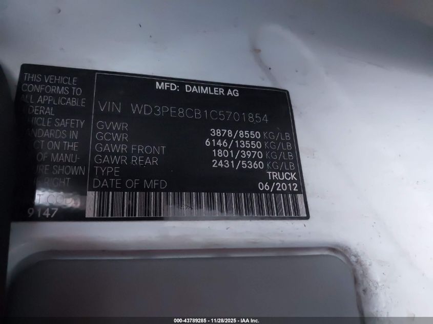 2012 Mercedes-Benz Sprinter 2500 High Roof VIN: WD3PE8CB1C5701854 Lot: 43789285