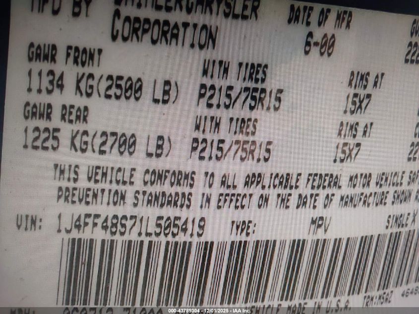 2001 Jeep Cherokee Sport VIN: 1J4FF48S71L505419 Lot: 43789304