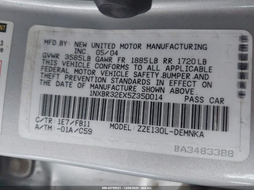 2005 Toyota Corolla Le VIN: 1NXBR32EX5Z350014 Lot: 43789321