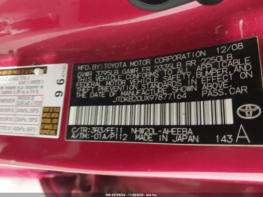 2009 Toyota Prius Touring VIN: JTDKB20UX97877164 Lot: 43789324