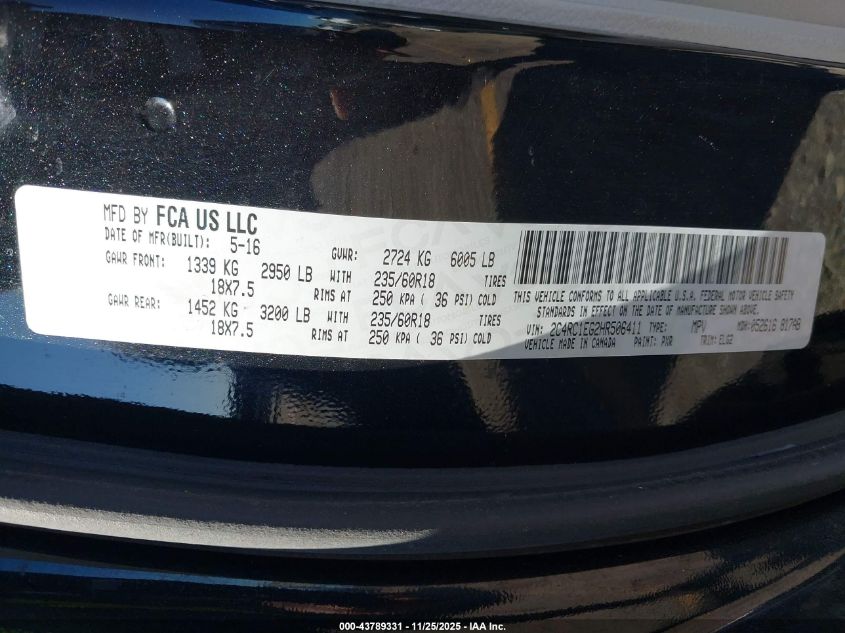 2017 Chrysler Pacifica Touring-L Plus VIN: 2C4RC1EG2HR506411 Lot: 43789331