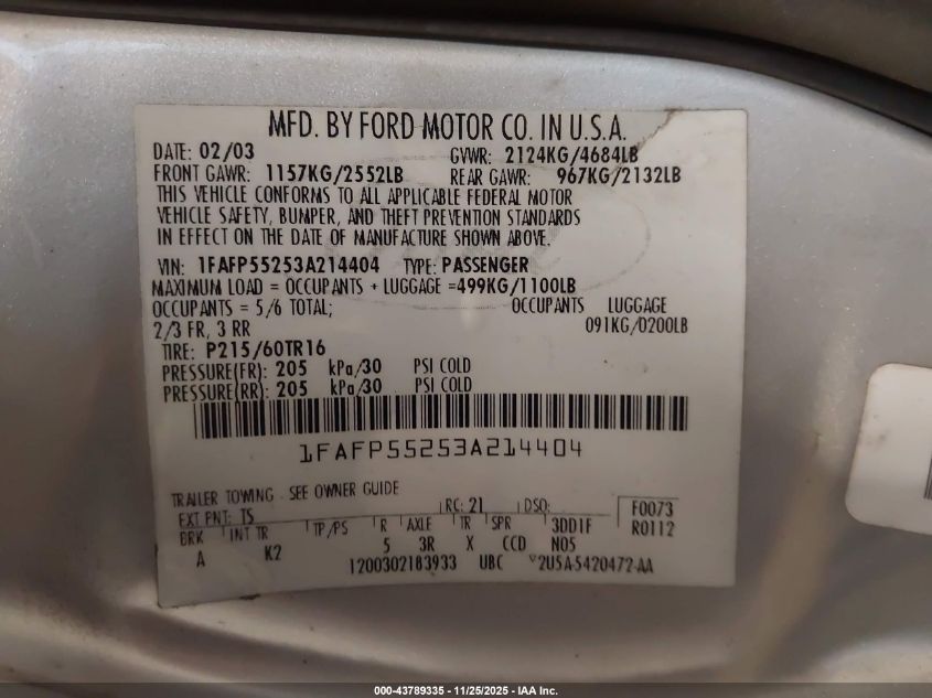 2003 Ford Taurus Ses VIN: 1FAFP55253A214404 Lot: 43789335