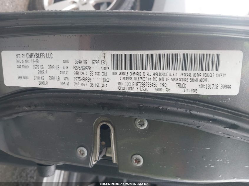 2009 Dodge Ram 1500 Slt/Sport/Trx VIN: 1D3HB18T29S735458 Lot: 43789338