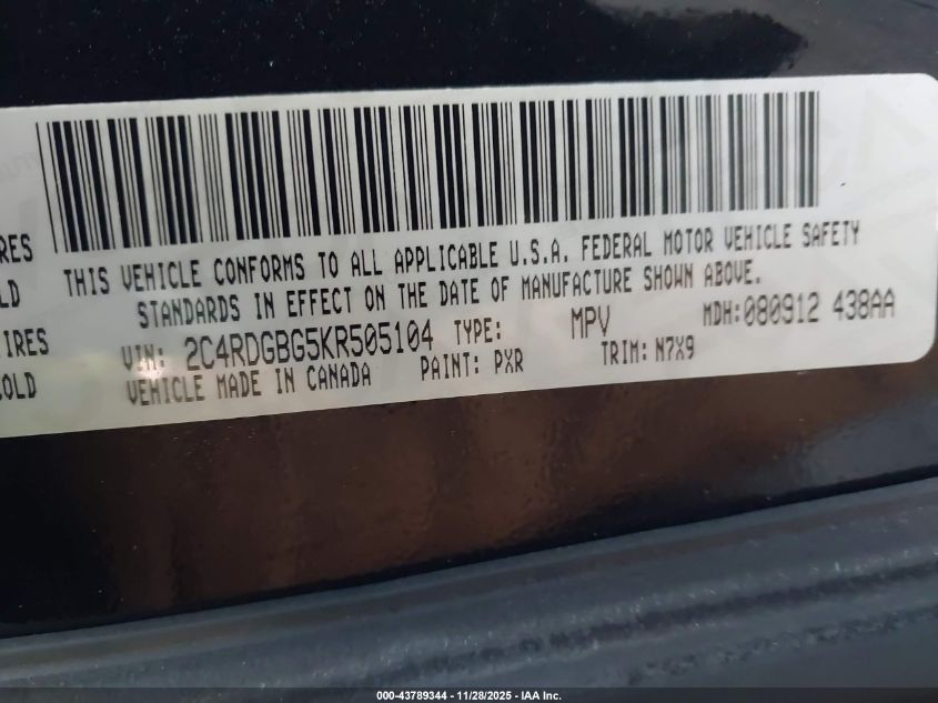 2019 Dodge Grand Caravan Se Plus VIN: 2C4RDGBG5KR505104 Lot: 43789344