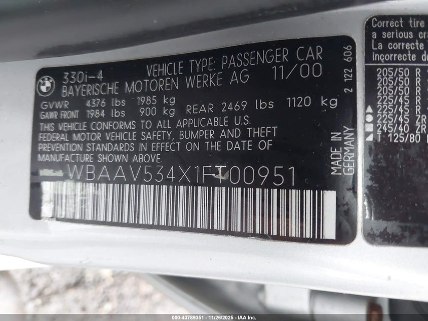 WBAAV534X1FT00951 2001 BMW 3ER photo no. 9
