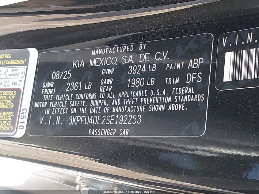 2025 Kia K4 Ex VIN: 3KPFU4DE2SE192253 Lot: 43789355