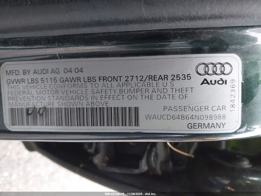 2004 Audi A6 2.7T S-Line VIN: WAUCD64B64N098988 Lot: 43789359