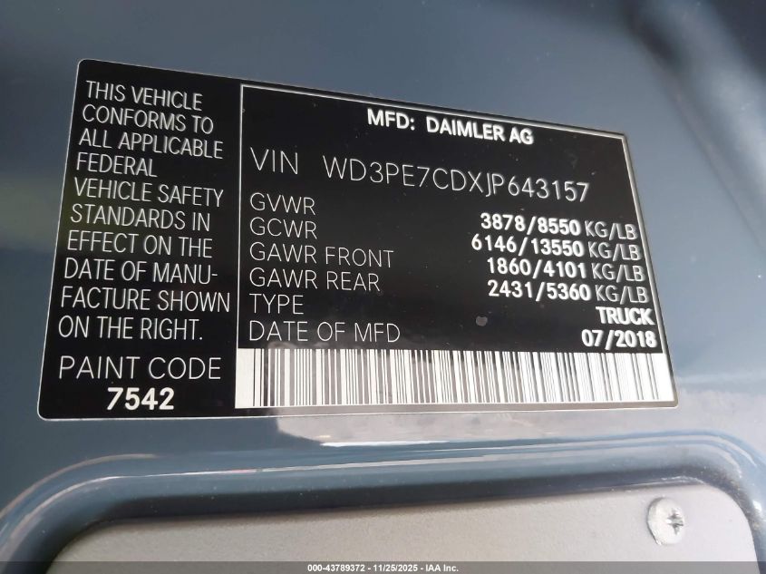 2018 Mercedes-Benz Sprinter 2500 Standard Roof V6 VIN: WD3PE7CDXJP643157 Lot: 43789372