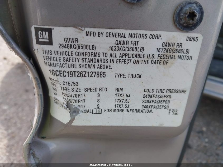 2006 Chevrolet Silverado 1500 Lt1 VIN: 1GCEC19T26Z127885 Lot: 43789382