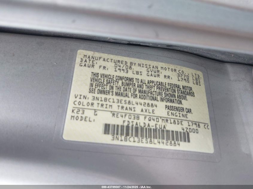 2008 Nissan Versa 1.8S VIN: 3N1BC13E58L442884 Lot: 43789387