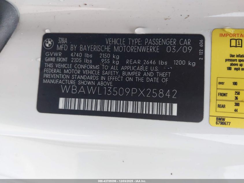 2009 BMW 328I VIN: WBAWL13509PX25842 Lot: 43789396