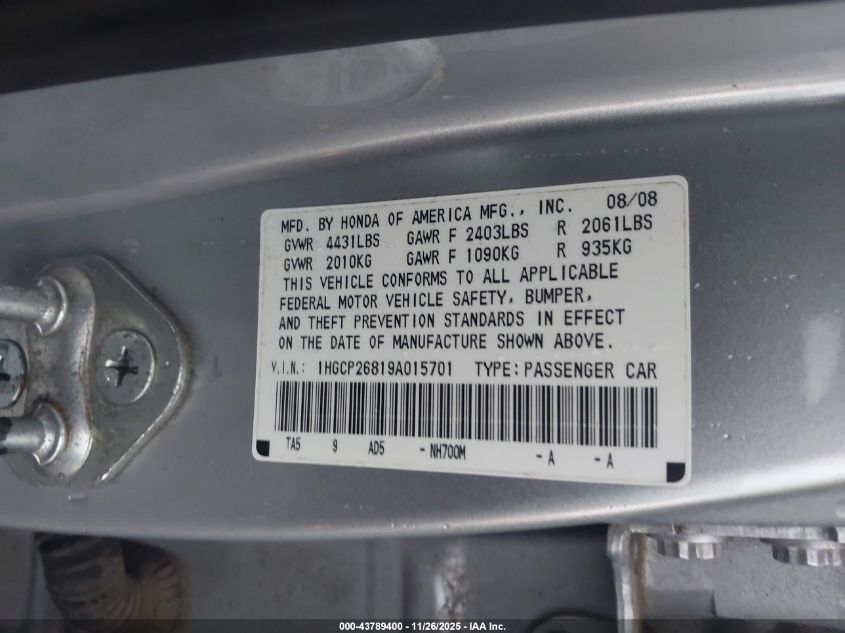 2009 Honda Accord 2.4 Ex-L VIN: 1HGCP26819A015701 Lot: 43789400