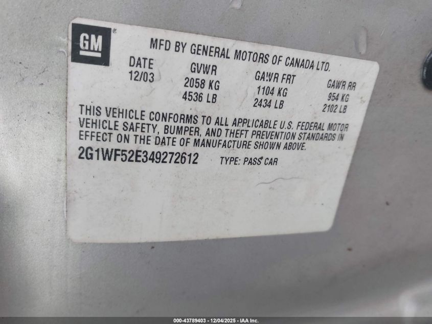 2004 Chevrolet Impala VIN: 2G1WF52E349272612 Lot: 43789403