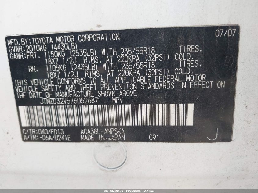 2007 Toyota Rav4 Sport VIN: JTMZD32V576052687 Lot: 43789406