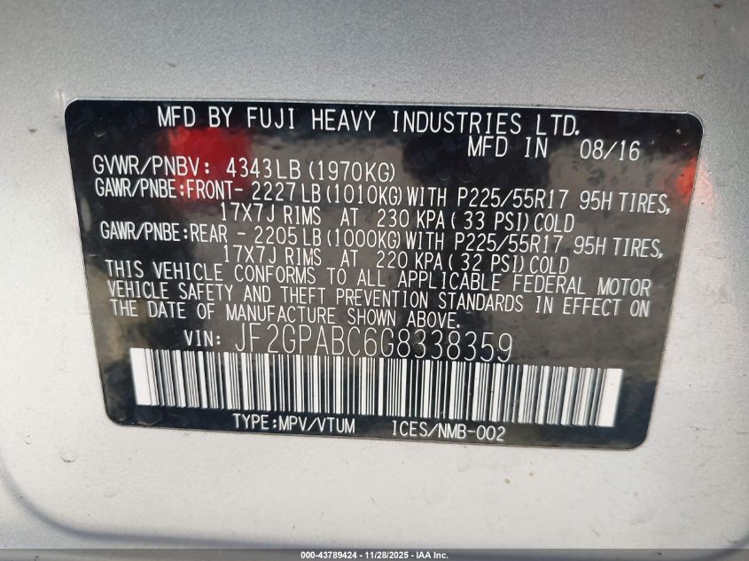 2016 Subaru Crosstrek 2.0I Premium VIN: JF2GPABC6G8338359 Lot: 43789424