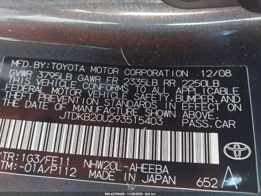 2009 Toyota Prius VIN: JTDKB20U293515403 Lot: 43789426