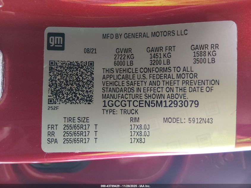 2021 Chevrolet Colorado 4Wd Short Box Lt VIN: 1GCGTCEN5M1293079 Lot: 43789429