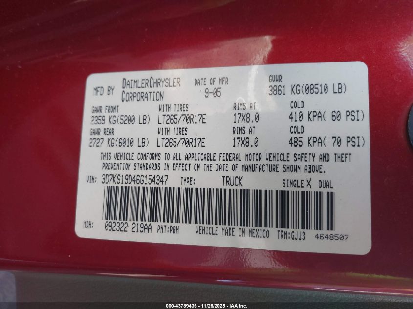 2006 Dodge Ram 1500 Laramie VIN: 3D7KS19D46G154347 Lot: 43789436