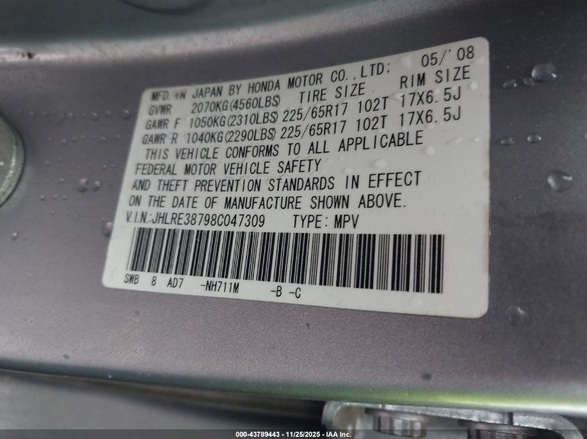2008 Honda Cr-V Ex-L VIN: JHLRE38798C047309 Lot: 43789443