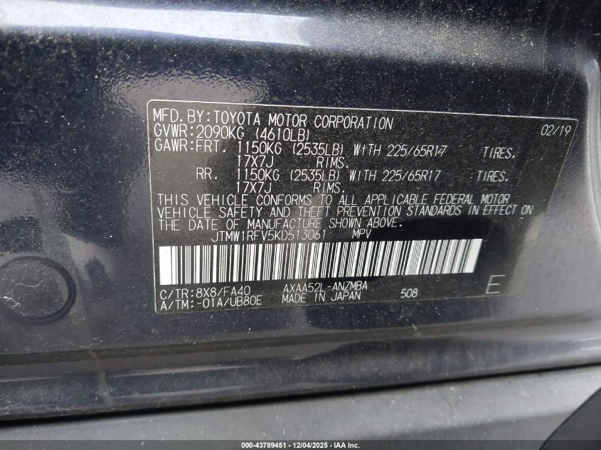 2019 Toyota Rav4 Xle VIN: JTMW1RFV5KD513061 Lot: 43789451