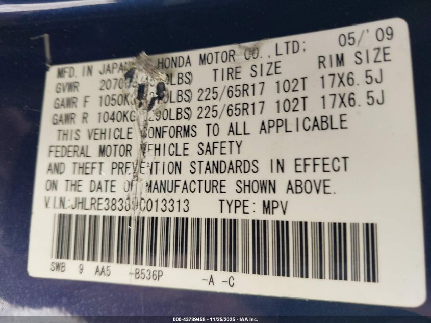 2009 Honda Cr-V Lx VIN: JHLRE38389C013313 Lot: 43789458
