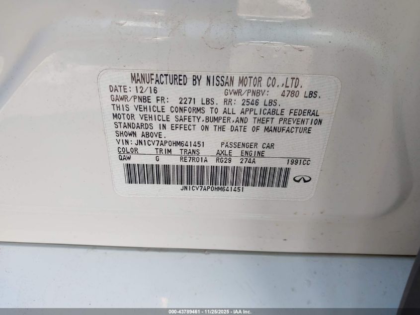 2017 Infiniti Q50 2.0T Base VIN: JN1CV7AP0HM641451 Lot: 43789461