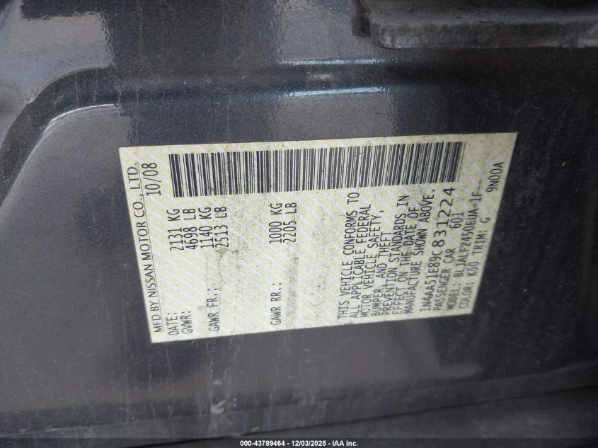 2009 Nissan Maxima 3.5 Sv VIN: 1N4AA51E89C831224 Lot: 43789464