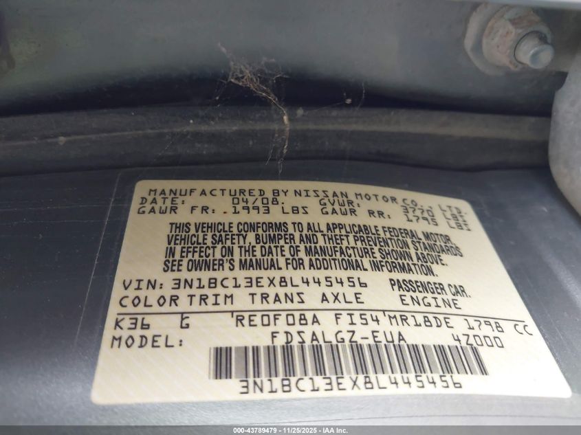 2008 Nissan Versa 1.8Sl VIN: 3N1BC13EX8L445456 Lot: 43789479