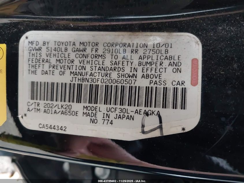 2002 Lexus Ls 430 VIN: JTHBN30F020060507 Lot: 43789482