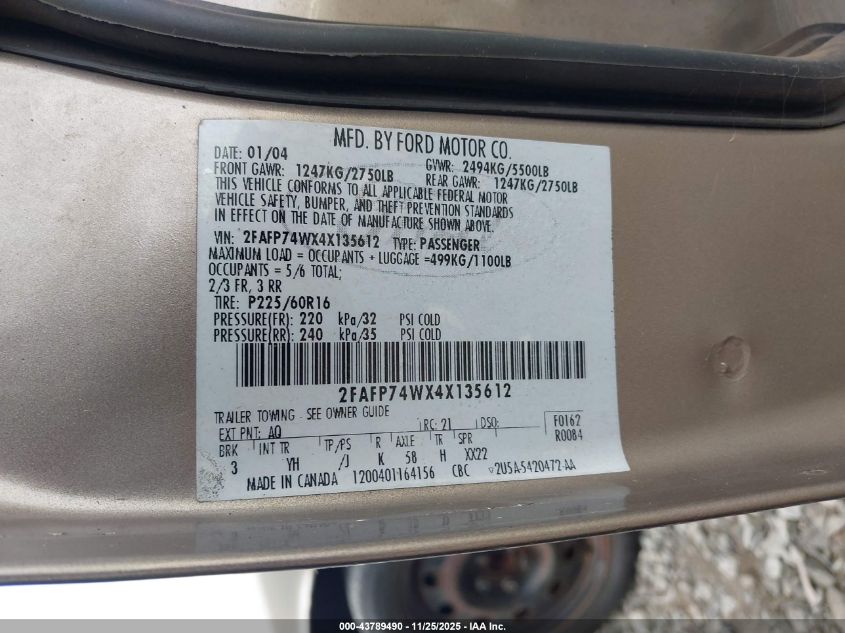 2004 Ford Crown Victoria Lx VIN: 2FAFP74WX4X135612 Lot: 43789490