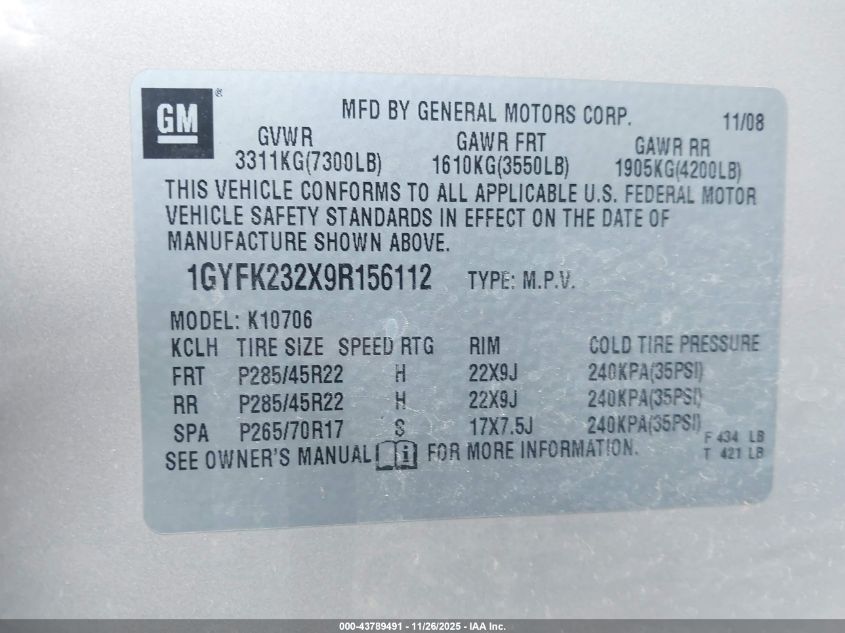 2009 Cadillac Escalade Standard VIN: 1GYFK232X9R156112 Lot: 43789491