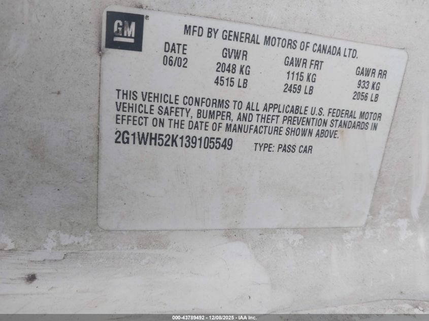 2003 Chevrolet Impala Ls VIN: 2G1WH52K139105549 Lot: 43789492