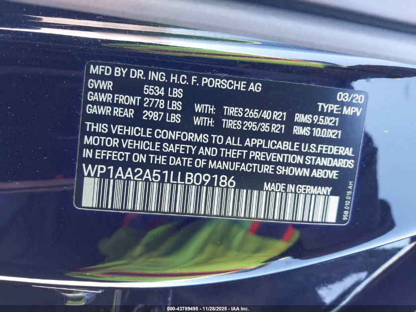 2020 Porsche Macan VIN: WP1AA2A51LLB09186 Lot: 43789495