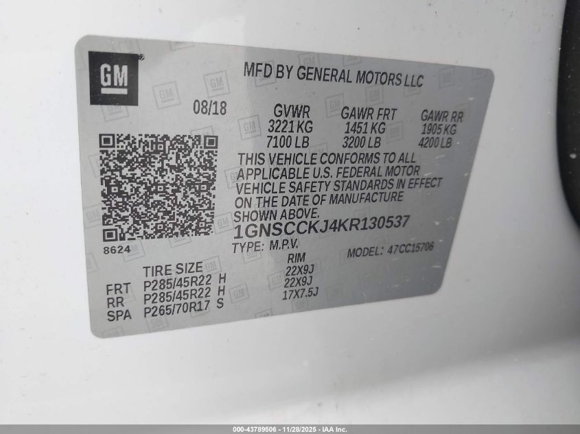 2019 Chevrolet Tahoe Premier VIN: 1GNSCCKJ4KR130537 Lot: 43789506