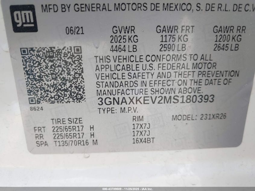 2021 Chevrolet Equinox Fwd Lt VIN: 3GNAXKEV2MS180393 Lot: 43789509