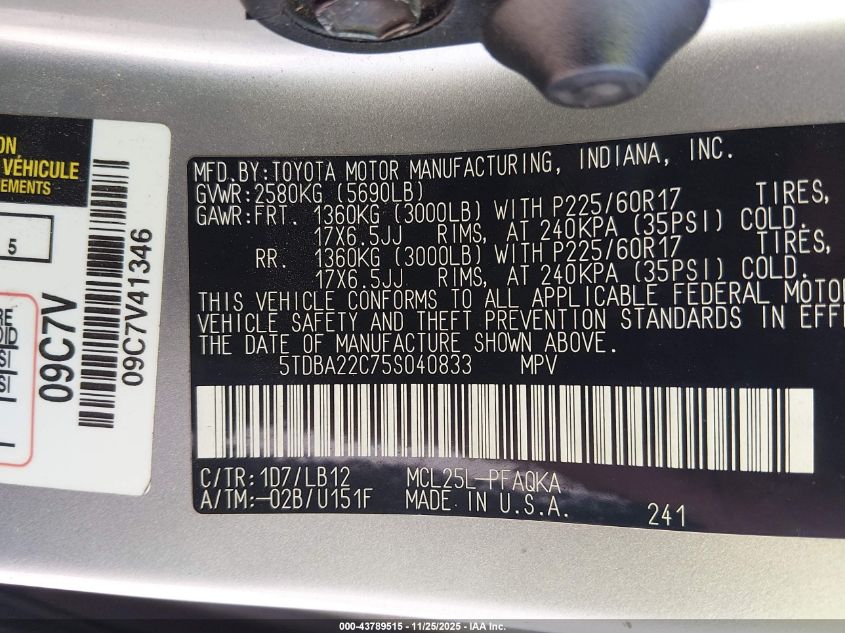 2005 Toyota Sienna Xle Limited VIN: 5TDBA22C75S040833 Lot: 43789515